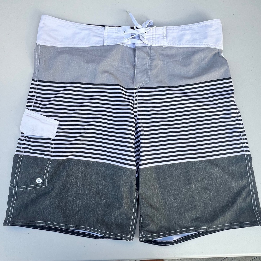 Mossimo Supply Co Mens Grey White Striped Board Shorts Swim Trunks Size 36